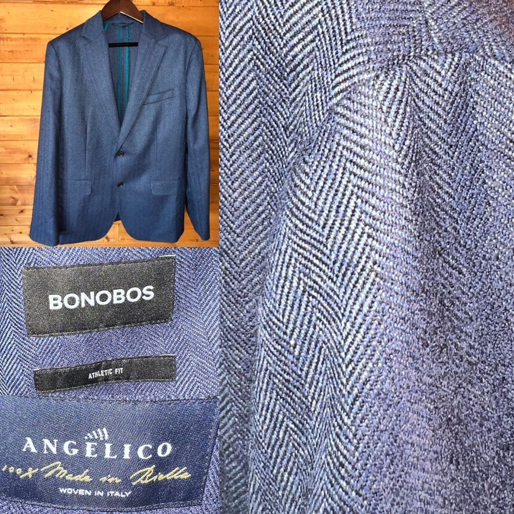 NWOT Bonobos 42R Athletic Fit Blazer Blue Herringbone Angelico Wool Sport Coat